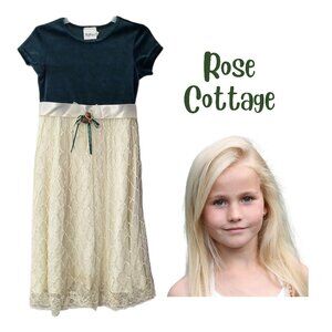 ROSE COTTAGE Hunter Green & Cream Long Velvet & Lace Dress - Girl's 7